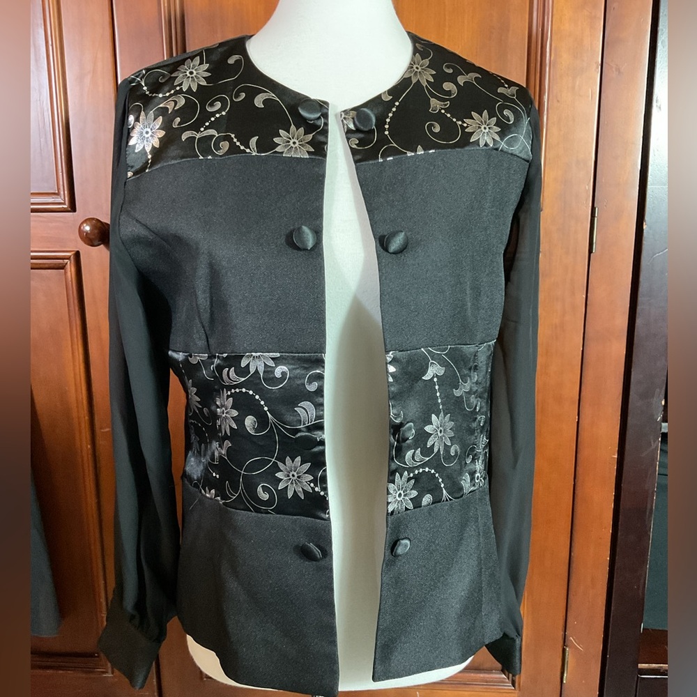 Anthony Richard’s Women’s Jacket Shirt Top Open Front Black Paneled Sheer Sleeve
